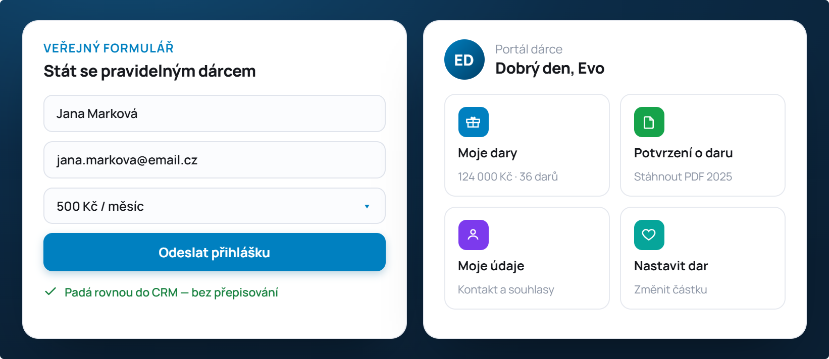Veřejný formulář a samoobslužný portál dárce v aplikaci FundraisingPack